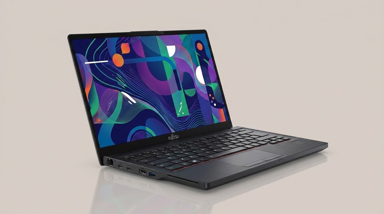 Ноутбук Fujitsu LIFEBOOK E5412 в чёрном корпусе, вид спереди под углом